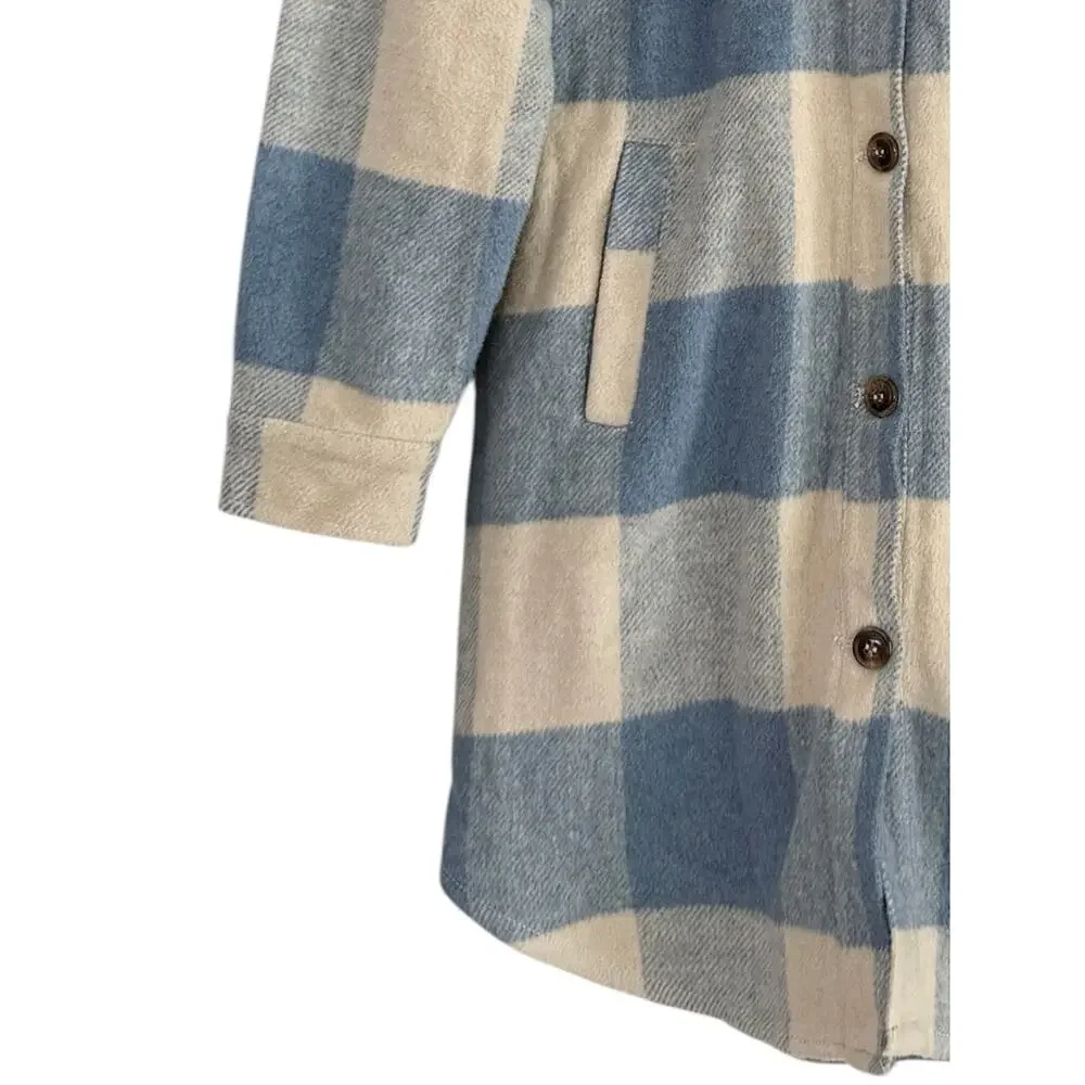 BlankNYC Medium Blue & Ivory Plaid Shacket Longline Button Front Jacket Coat